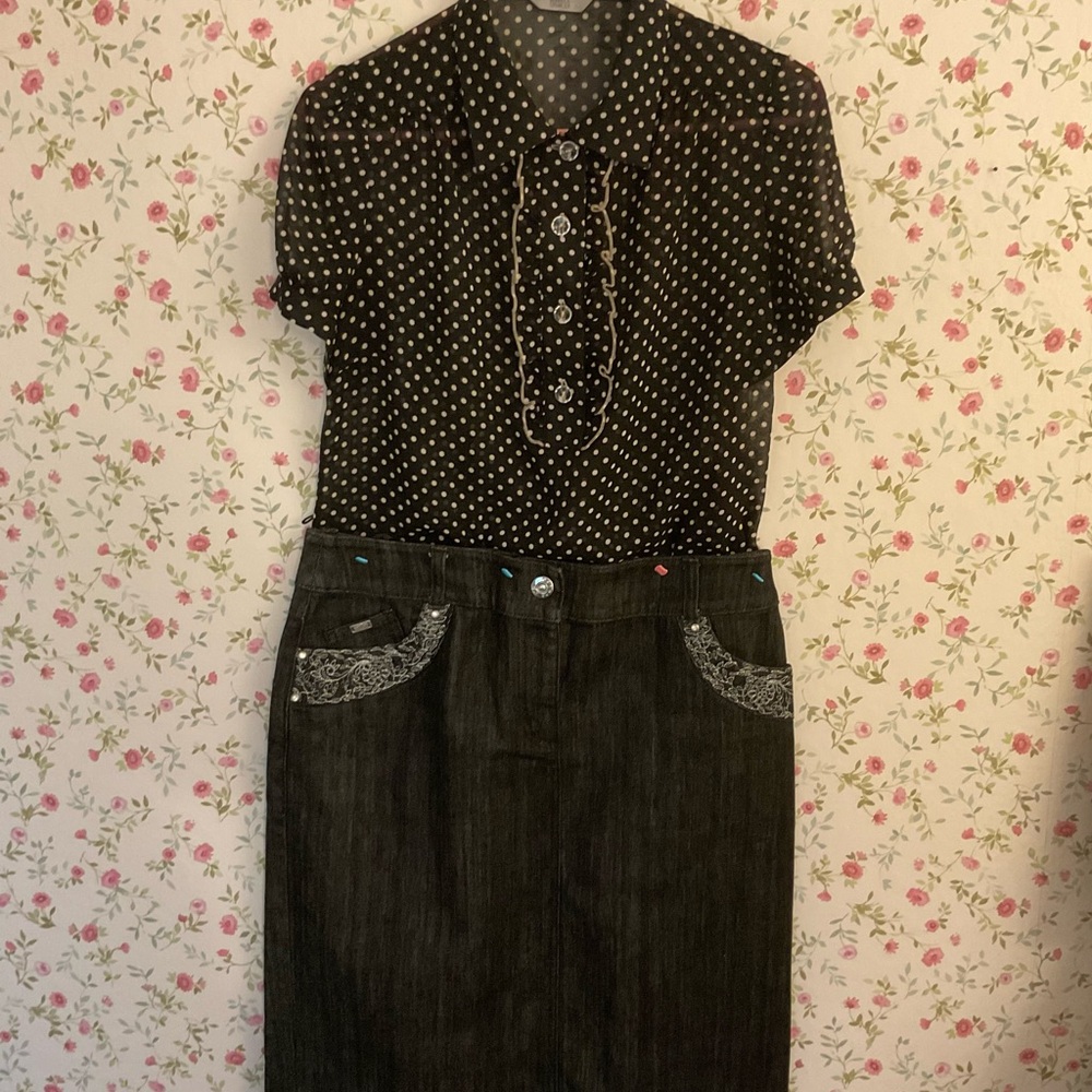 Mark&Spencer Denim Black Skirt and Transparent Blouse   Retro Style